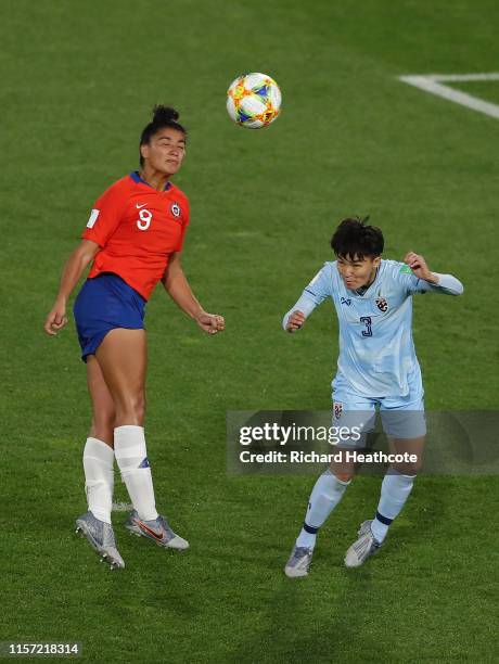 Maria Urrutia of Chile scores her sides second goal during the 2019 FIFA Women's World Cup France group F match between Thailand and Chile at Roazhon...