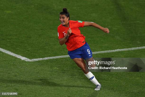 Maria Urrutia of Chile celebrates after scoring her team's second goal during the 2019 FIFA Women's World Cup France group F match between Thailand...