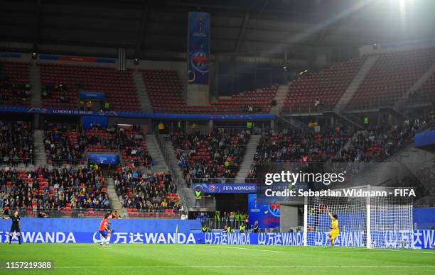 Francisca Lara of Chile misses a penalty during the 2019 FIFA Women's World Cup France group F match between Thailand and Chile at Roazhon Park on...