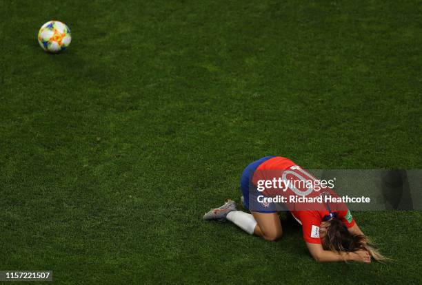 Yanara Aedo of Chile looks dejected following the 2019 FIFA Women's World Cup France group F match between Thailand and Chile at Roazhon Park on June...