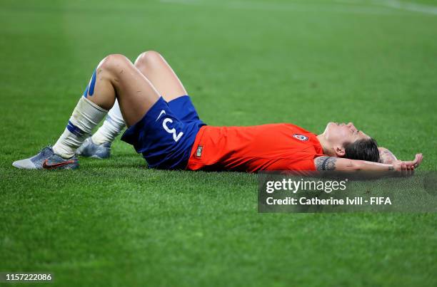 Carla Guerrero of Chile looks dejected following the 2019 FIFA Women's World Cup France group F match between Thailand and Chile at Roazhon Park on...