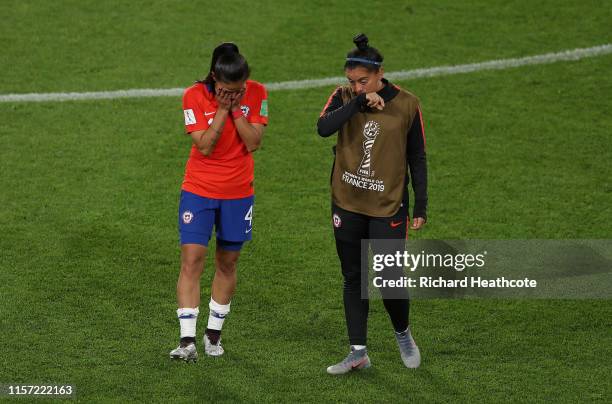 Francisca Lara of Chile looks dejected following the 2019 FIFA Women's World Cup France group F match between Thailand and Chile at Roazhon Park on...