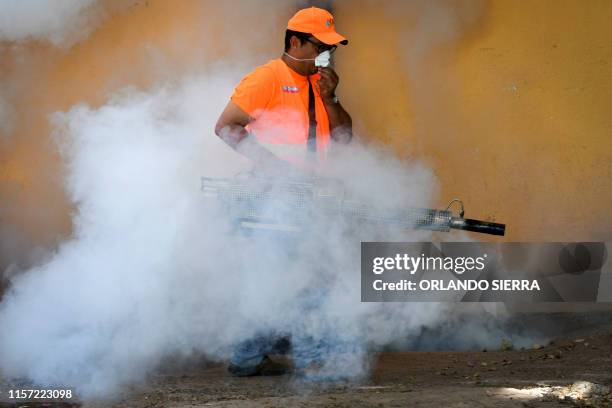 An employee of the Honduran Secretariat of Health and of the Permanent Contingency Committee fumigates during an operation to combat Aedes aegypti,...