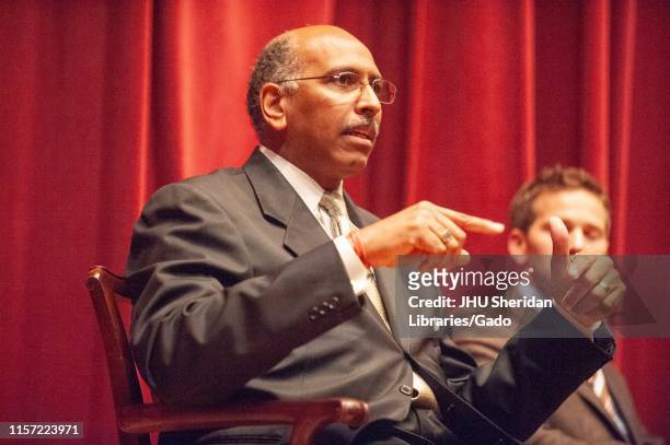 Low angle view of former politicians Michael Steele and Aaron Schock, participating in a Foreign Affairs Symposium at the Johns Hopkins University,...