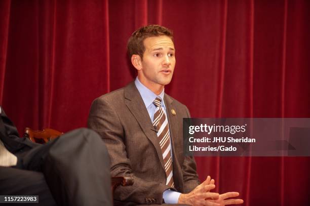 Former Illinois politician Aaron Schock, from the waist up, participating in a Foreign Affairs Symposium at the Johns Hopkins University, Baltimore,...