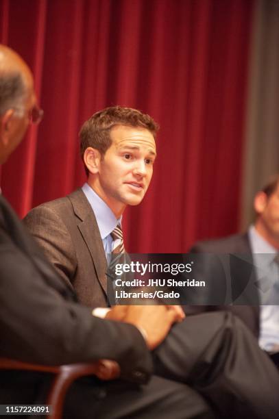 Former politicians Michael Steele and Aaron Schock, participating in a Foreign Affairs Symposium at the Johns Hopkins University, Baltimore,...