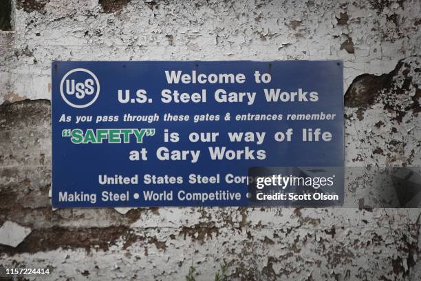 Sign is posted at the entrance of United States Steel's Gary Works facility on June 20, 2019 in Gary, Indiana. USS recently announced that it would...