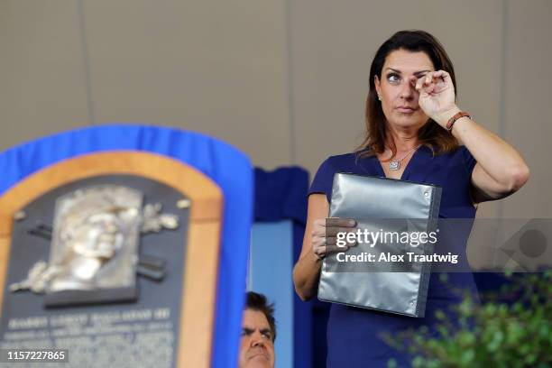 Brandy Halladay, wife of inductee Roy Halladay, looks on during the 2019 Hall of Fame Induction Ceremony at the National Baseball Hall of Fame on...