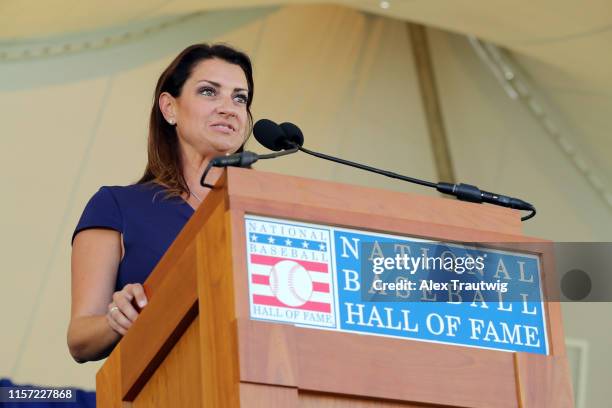 Brandy Halladay, wife of inductee Roy Halladay, speaks during the 2019 Hall of Fame Induction Ceremony at the National Baseball Hall of Fame on...
