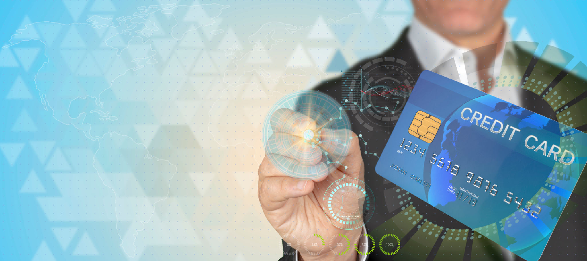 Businessman pointing 3D credit card object with pen in HUD design technological background with copy space Businessman pointing 3D credit card object with pen in HUD design technological background with copy space
