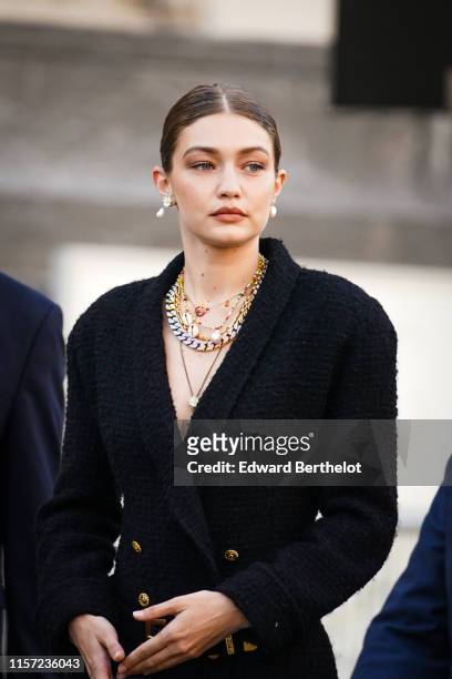 Gigi Hadid is seen, outside "Karl for Ever" Tribute to Karl Lagerfeld at Grand Palais, during Paris Fashion Week - Menswear Spring/Summer 2020, on...