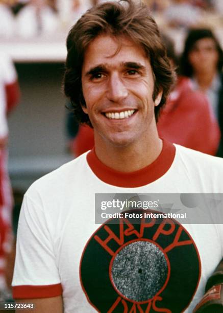 Henry Winkler, US actor, director and producer, wearing a t-shirt bearing the name of US sitcom 'Happy Days', in which Winkler stars as 'Arthur...