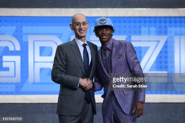 Ja Morant poses with NBA Commissioner Adam Silver after being drafted with the second overall pick by the Memphis Grizzlies during the 2019 NBA Draft...