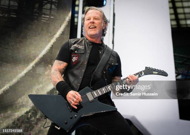 James Hetfield of Metallica performs on stage at Twickenham Stadium on June 20, 2019 in London, England.