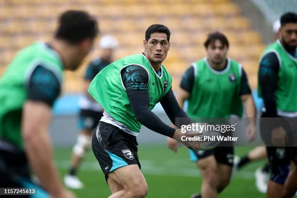 Roger Tuivasa-Sheck of the Kiwis passes during the New Zealand Kiwis Rugby League captain's run at Mt Smart Stadium on June 21, 2019 in Auckland, New...