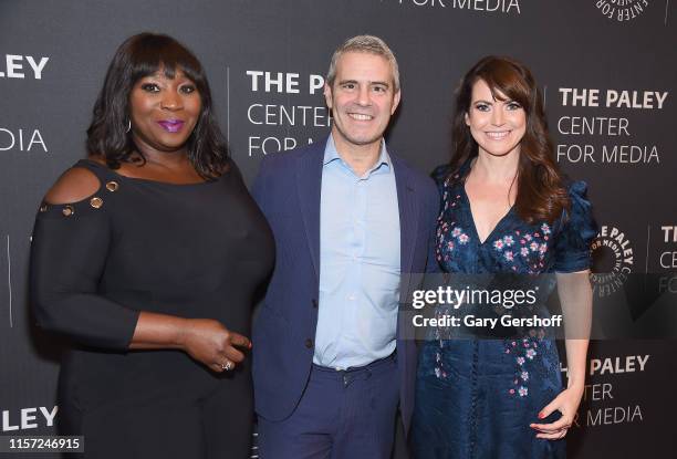 Event moderator Bevy Smith, Andy Cohen and Executive Producer Deirdre Connolly attend 'Living Out Loud In Late Night: Celebrating 10 Years Of Watch...