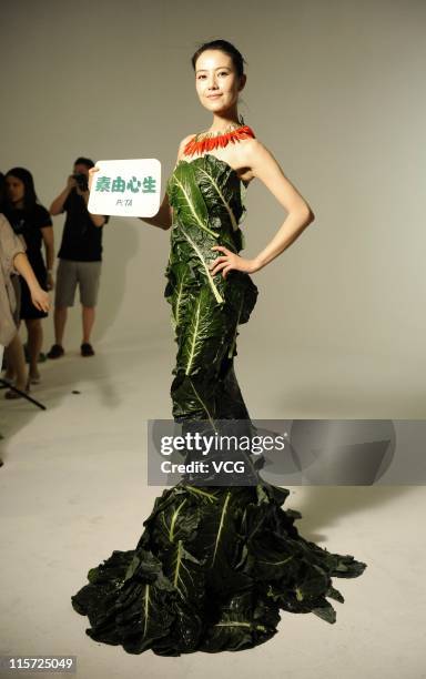 Chinese actress Gao Yuanyuan dressed-in vegetables poses for photos for the People for the Ethical Treatment of Animals on June 8, 2011 in Beijing,...