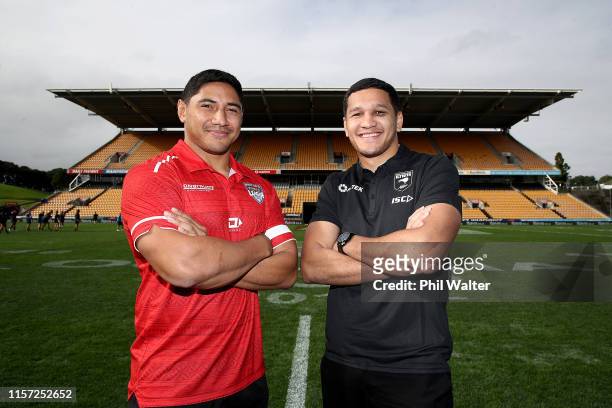 Jason Taumalolo, captain of Tonga and Dallin Watene-Zelezniak Kiwis Captain pose for a photo ahead of the International Rugby League Test Match...