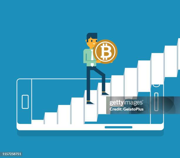 bitcoin mining - mobile phone - businessman - underground mining stock illustrations