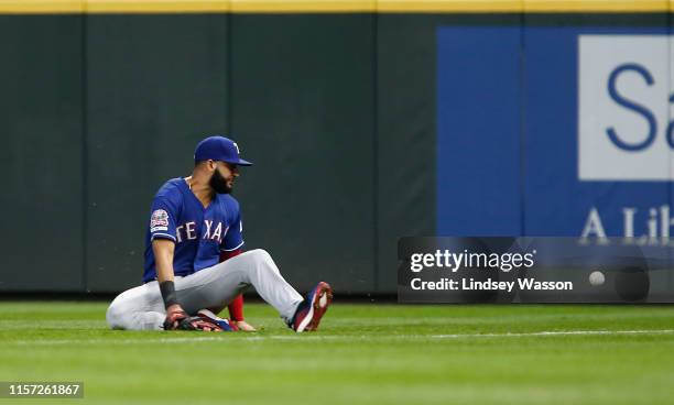 Nomar Mazara of the Texas Rangers can't field the single by Dylan Moore of the Seattle Mariners in the sixth inning at T-Mobile Park on July 22, 2019...