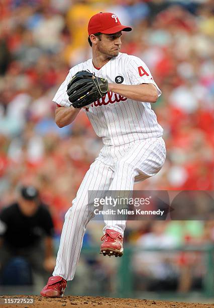Roy Oswalt of the Philadelphia Phillies pitches against the Los Angeles Dodgers in the third inning on June 7, 2011 at Citizens Bank Park in...