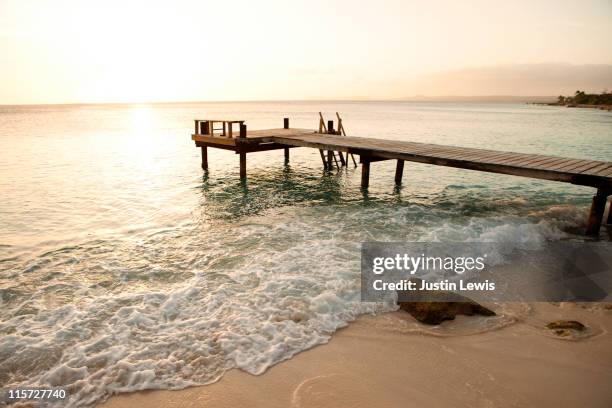 wooden dock over clear water with setting sun - bonaire stockfoto's en -beelden