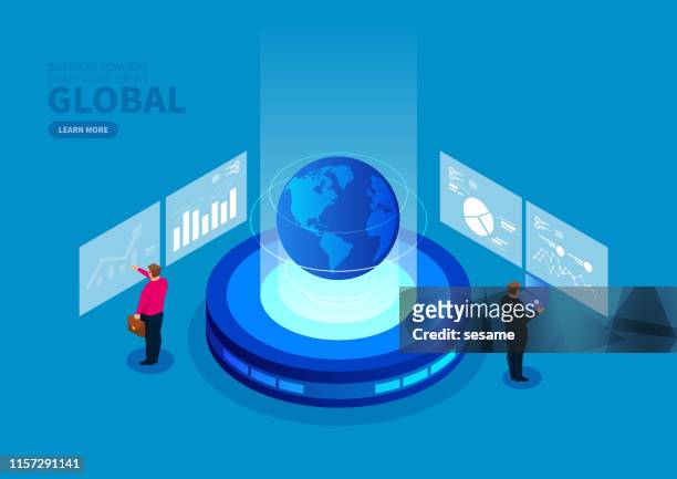 isometric global business development and data analysis - global communications stock illustrations