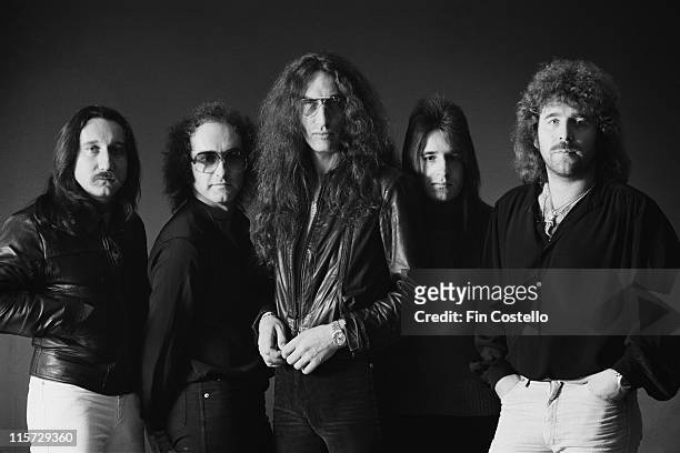 English rock group Uriah Heep, 1978. Left to right: guitarist Mick Box, singer John Lawton, guitar and keyboard player Ken Hersley, bassist Trevor...