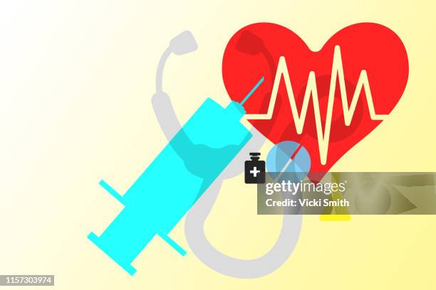 illustration of medical equipment stethoscope, syringe, pill, bottle and red heart - heart pill stock-fotos und bilder