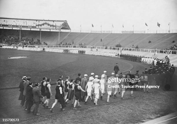 March-past at the opening ceremony during the 1908 Summer Olympics at White City Stadium in London, 27th April 1908.