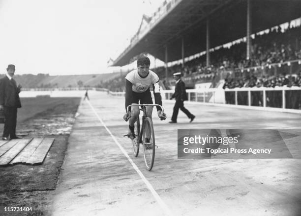 British athlete Benjamin Jones, winner of the 5000 metre cycles race, during the 1908 Summer Olympics in London, July 1908.