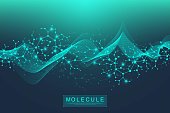 Scientific molecule background DNA double helix illustration with shallow depth of field. Mysterious wallpaper or banner with a DNA molecules. Genetics information vector