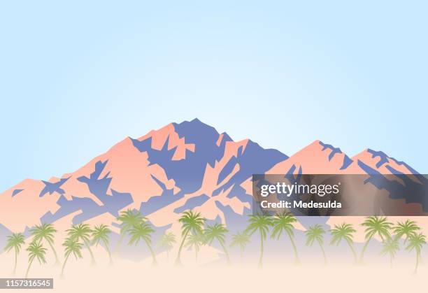 palm trees and hot desert at the foot of the mountain - horizon over land stock illustrations