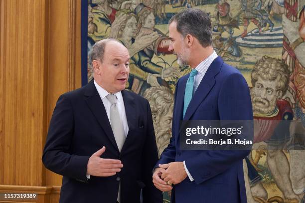 King Felipe VI of Spain receives Prince Albert II of Monaco at Zarzuela Palace on June 21, 2019 in Madrid, Spain.