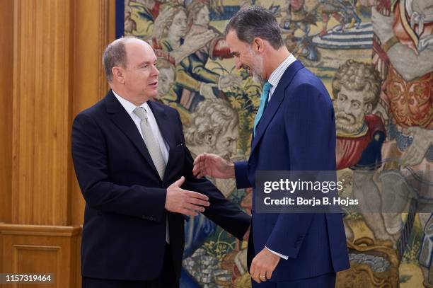 King Felipe VI of Spain receives Prince Albert II of Monaco at Zarzuela Palace on June 21, 2019 in Madrid, Spain.