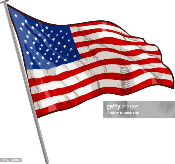 ilustraciones, imágenes clip art, dibujos animados e iconos de stock de bandera americana retro - asta palo