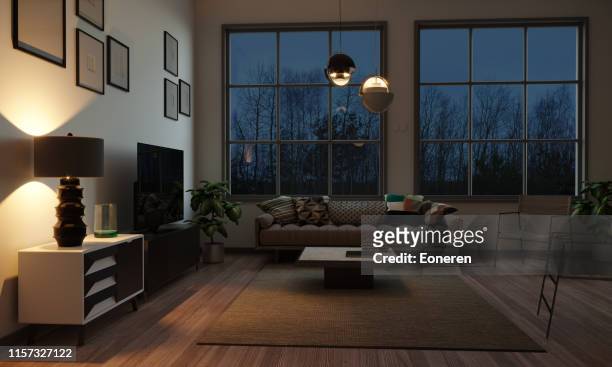 scandinavian style living room in the evening - night stock pictures, royalty-free photos & images