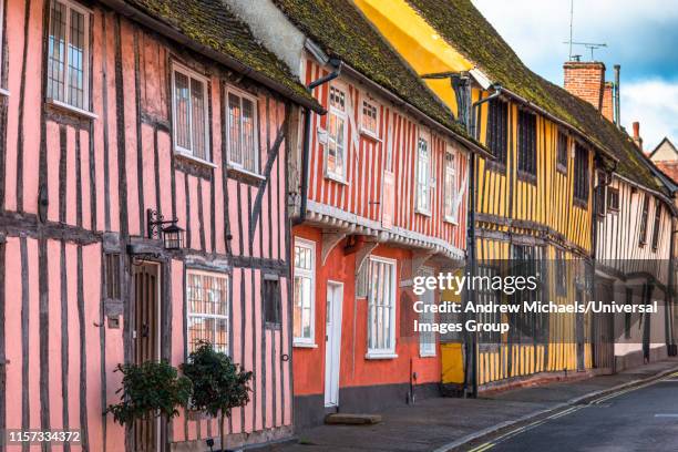 half-timbered medieval cottages, water street, lavenham, suffolk, england, united kingdom - east anglia 個照片及圖片檔
