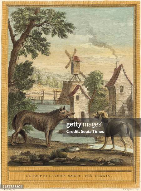 Louis-Simon Lempereur after Jean-Baptiste Oudry , Le loup et le chien maigre, The Wolf and the Thin Dog), published 1756, hand-colored etching.