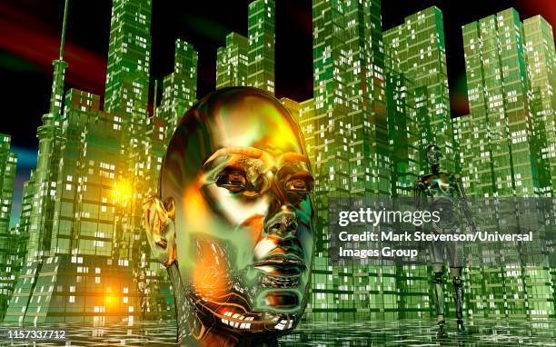 city run by artificial intelligence. - transhumanism stock illustrations