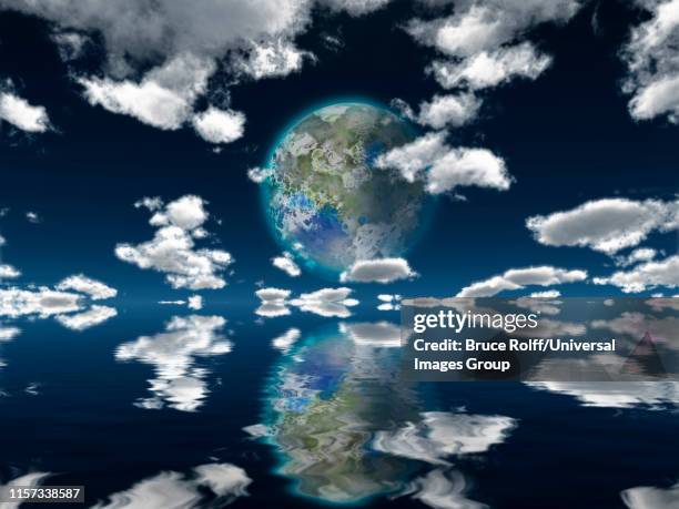 illustrations, cliparts, dessins animés et icônes de terraformed moon in cloudy sky reflects in water surface. - satellite view