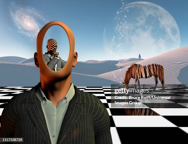 faceless businessman with another thinking businessman behind him stands on chessboard, lonely man in a distance, white sand dune, striped horse like a tiger, 3d rendering - mirage stock illustrations