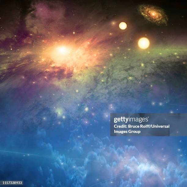 deep space scene with two suns - force field stock illustrations