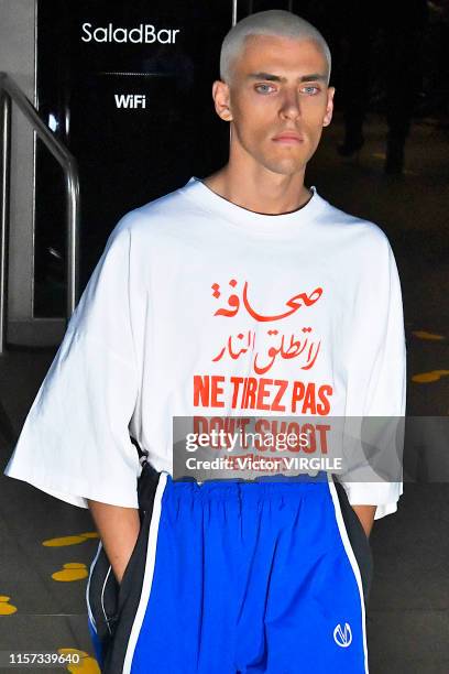 Model walks the runway during the Vetements Menswear Spring Summer 2020 fashion show as part of Paris Fashion Week on June 20, 2019 in Paris, France.