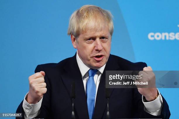 Newly elected British Prime Minister Boris Johnson speaks during the Conservative Leadership announcement at the QEII Centre on July 23, 2019 in...