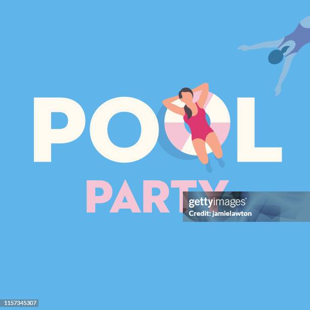 illustrazioni stock, clip art, cartoni animati e icone di tendenza di design della festa in piscina con anello gonfiabile - piscina pubblica all'aperto