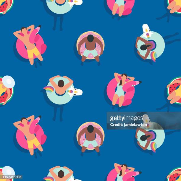 nahtloser sommerhintergrund mit menschen, die sich auf aufblasbaren ringen entspannen - flamingos stock-grafiken, -clipart, -cartoons und -symbole