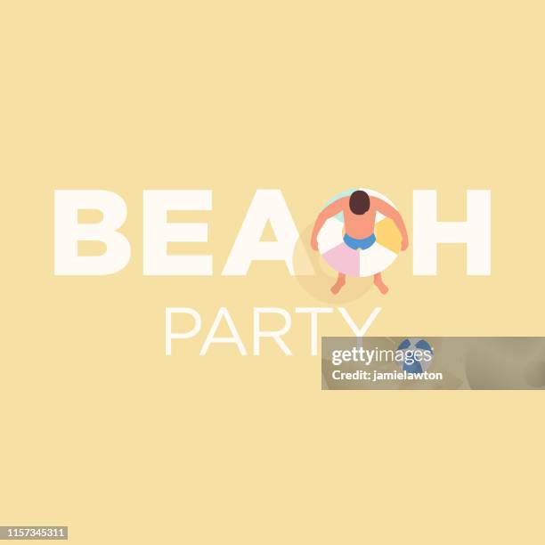 ilustraciones, imágenes clip art, dibujos animados e iconos de stock de diseño de fiesta en la playa con anillo inflable y pelota de playa - fiesta de piscina