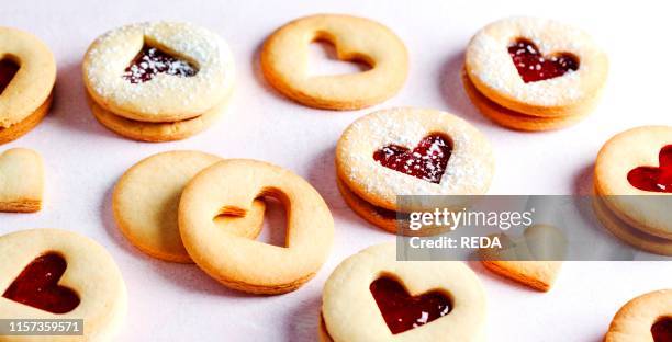 Traditional Linzer cookie with strawberry jam. Selective focus.