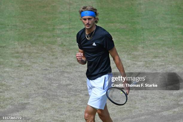 Alexander Zverev of Germany celebrates in his match against David Goffin of Belgium during day 5 of the Noventi Open at Gerry Weber Stadium on June...